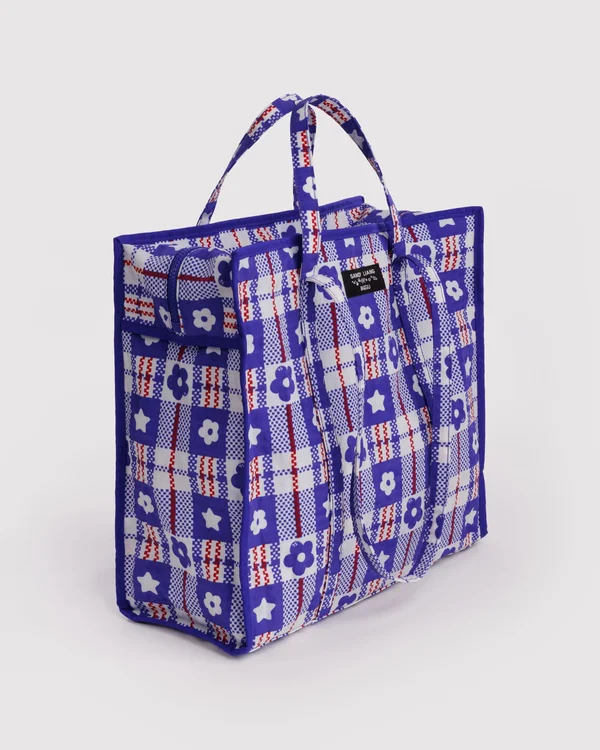 Large Nylon Market Bag - Market Plaid Blue - Size: OS