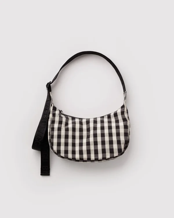 Small Nylon Crescent Bag - Black And Cream Gingham - Material: heavyweight-nylon