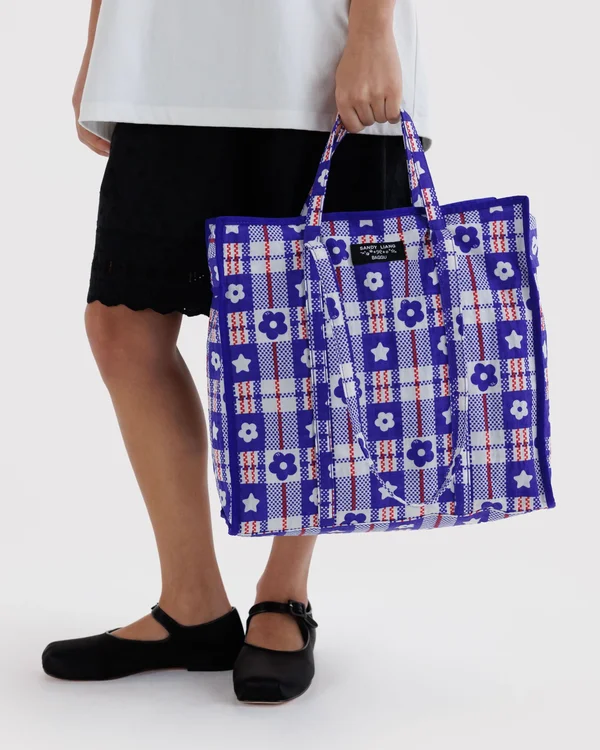 Large Nylon Market Bag - Market Plaid Blue - Size: OS